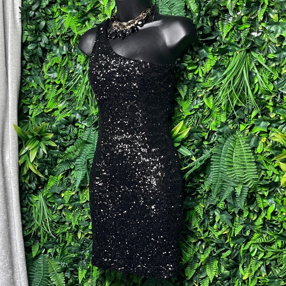 TCEC Dress Small Black Sequin One Shoulder Mini Party Cocktail‎ 3258